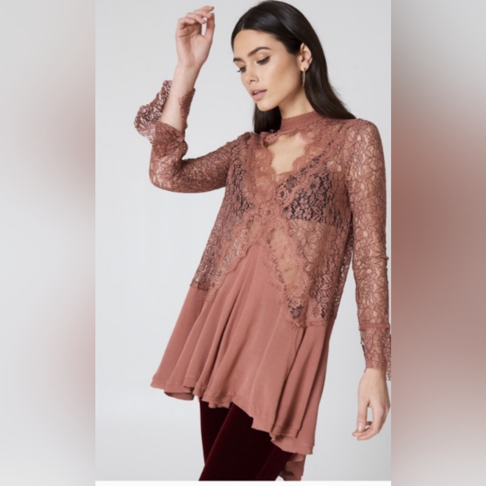 Free People Tell Tale Laced Dress  Tunic Style Sheer Long Sleeve Dusty Rose